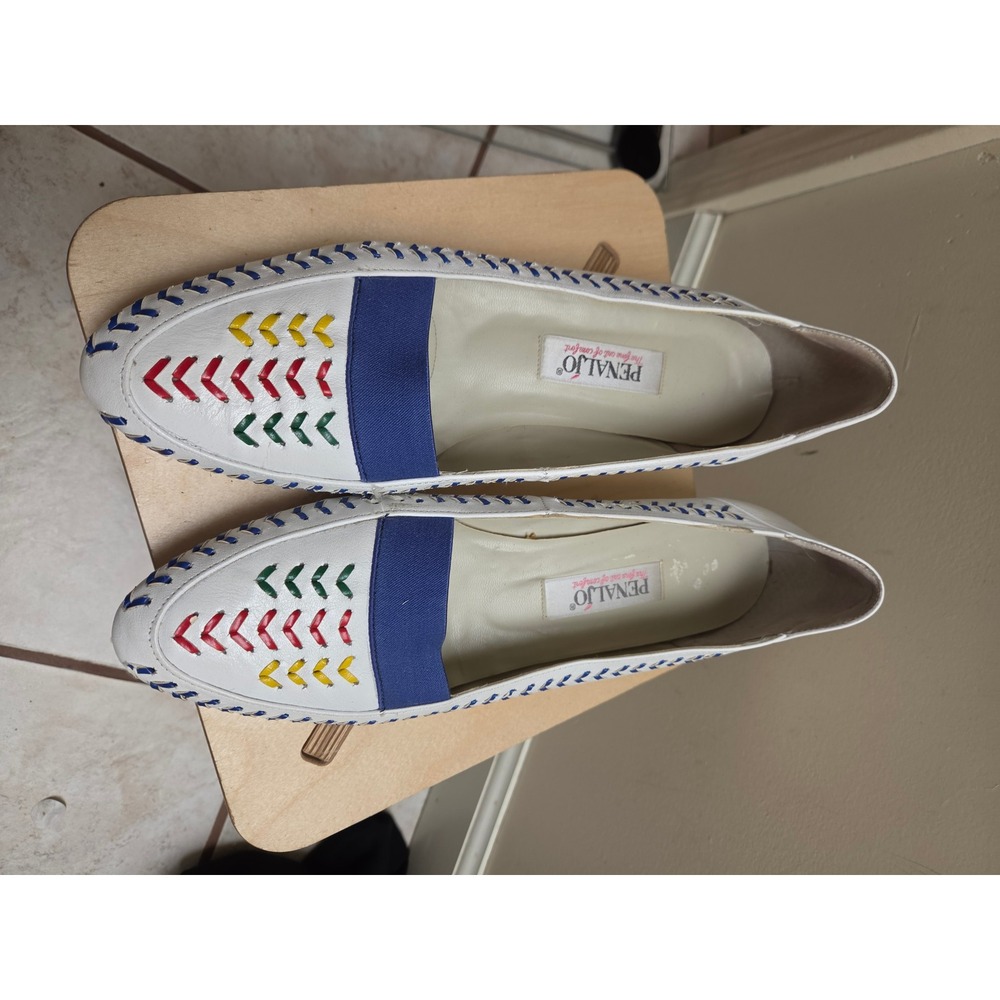 Penaljo Womens White Leather Loafers Multi Color Whipstitch Flats Size 10M